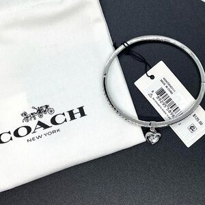 Coach Silver Crystal Heart Charm Hinged Bangle Bracelet NWT $125 MSRP & Dust Bag